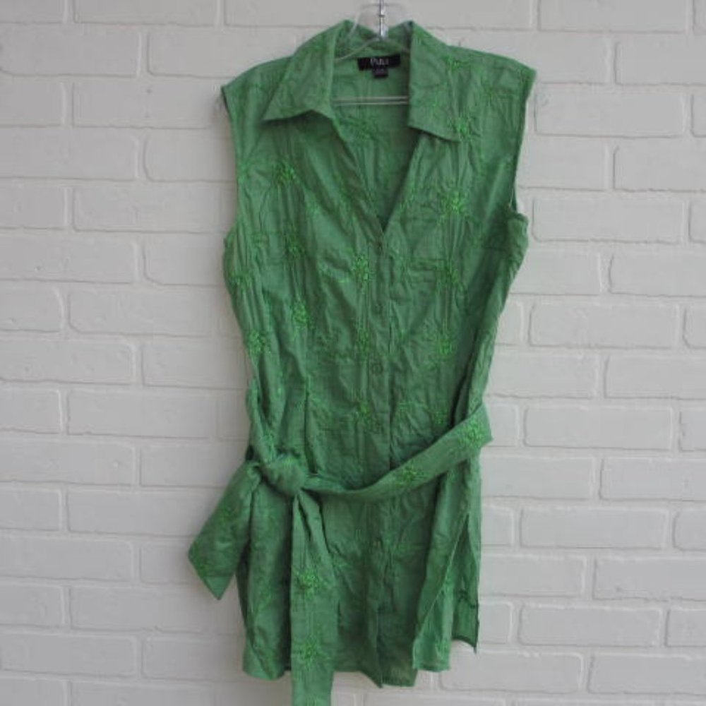 Puli Kelly Green Floral Embroidered Sleeveless Belted Tunic Top Size 10